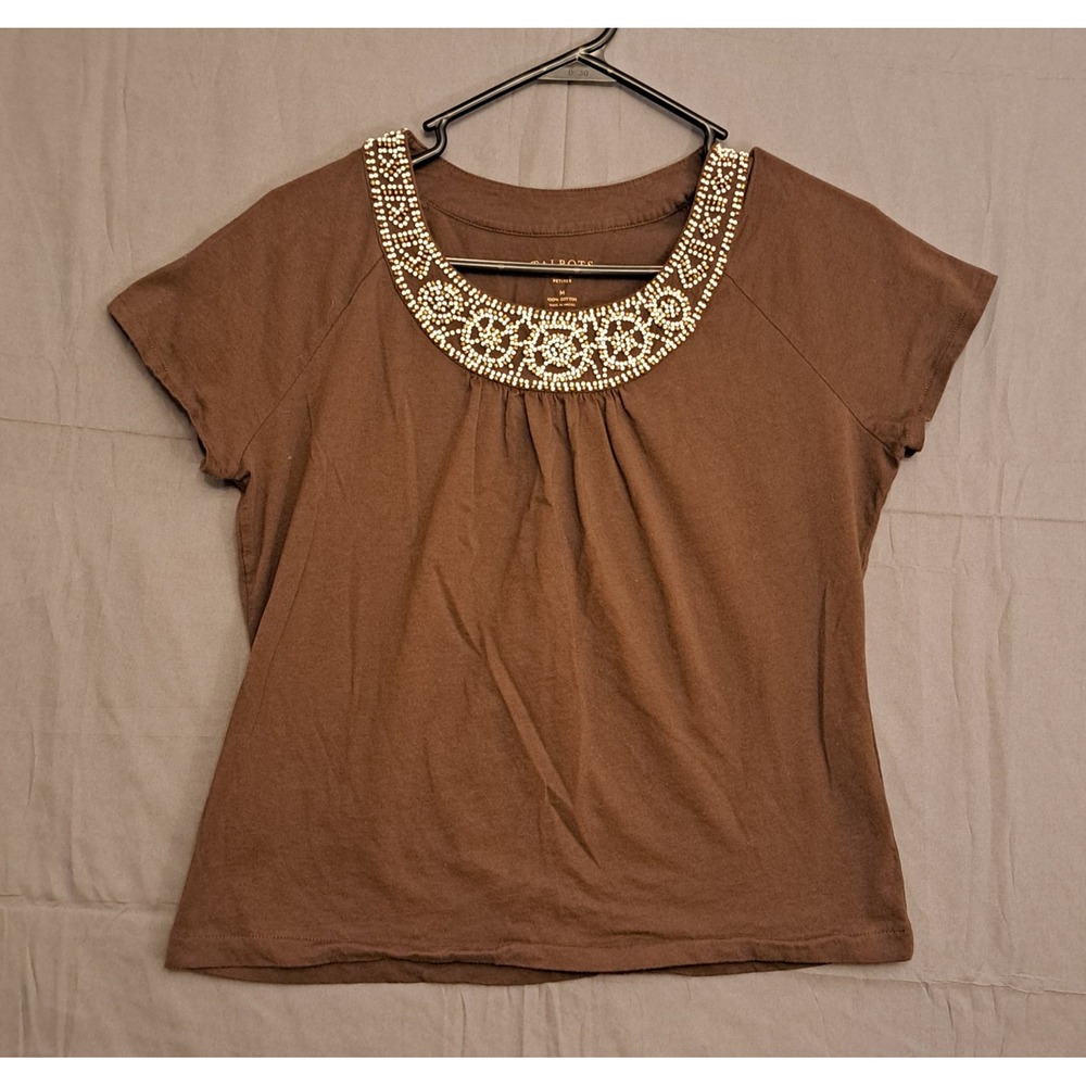 Talbots Petites Beaded Neckline Blouse‎ Women's Size Medium Brown